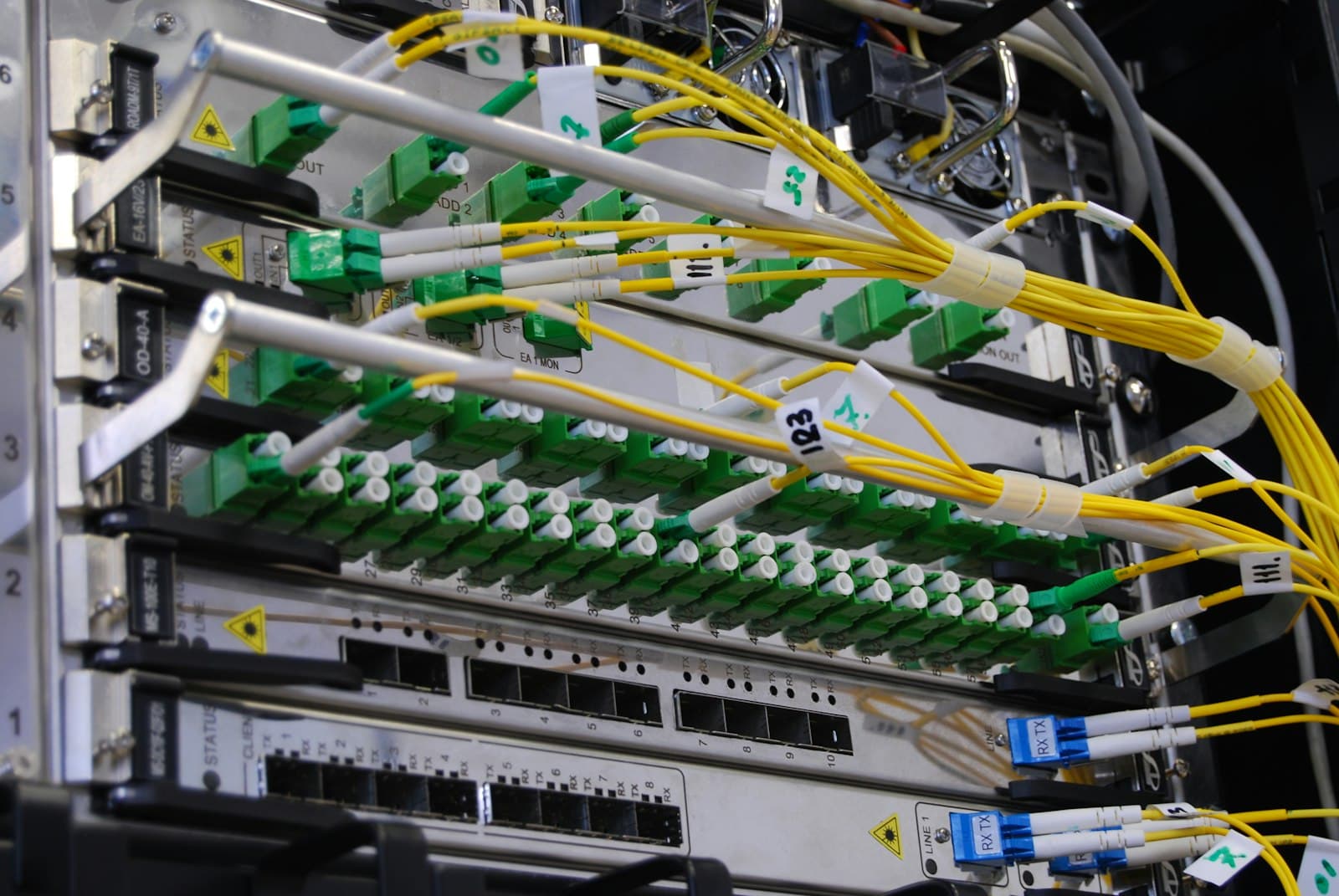 Câbles de fibre optique raccordés dans une baie